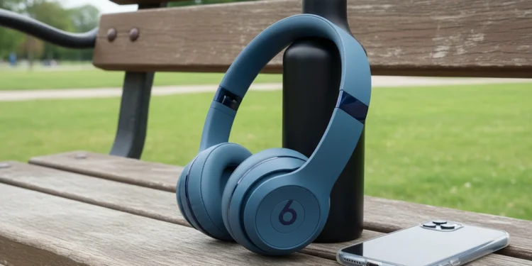 Slate Blue Beats Solo 4 bargain wireless headphones leaning on a black water bottle on a wooden park bench.