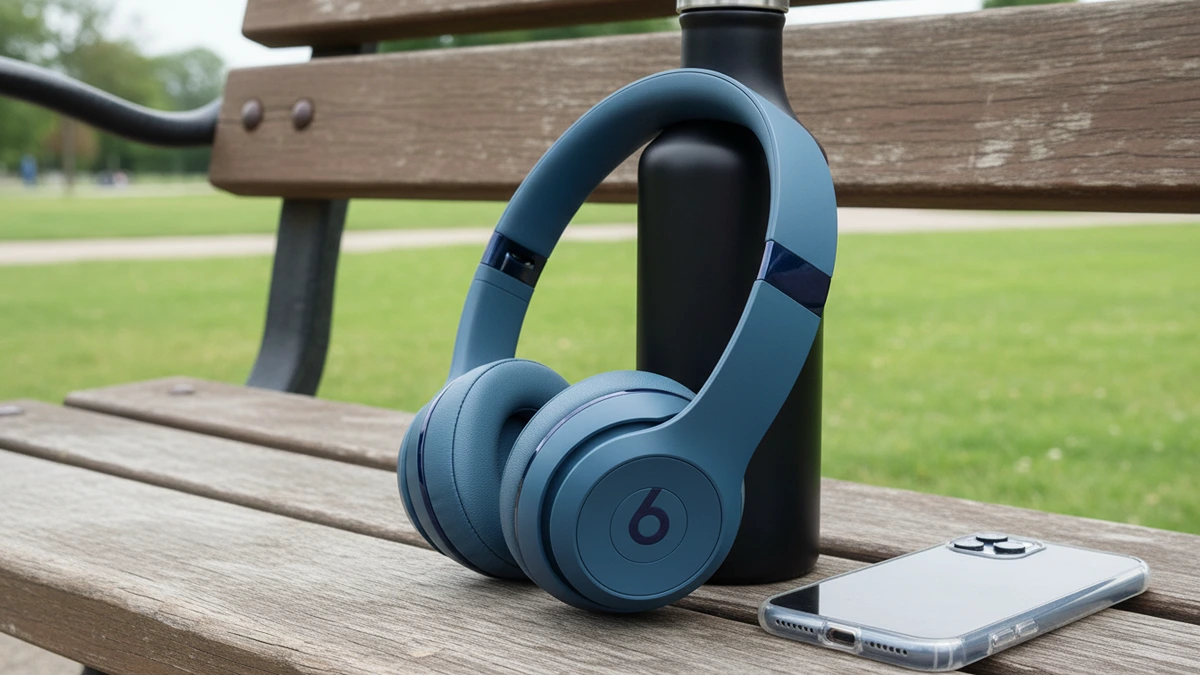 Slate Blue Beats Solo 4 bargain wireless headphones leaning on a black water bottle on a wooden park bench.