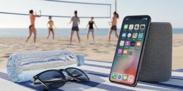 Black iPhone 16e leaning on speaker with empty left space.