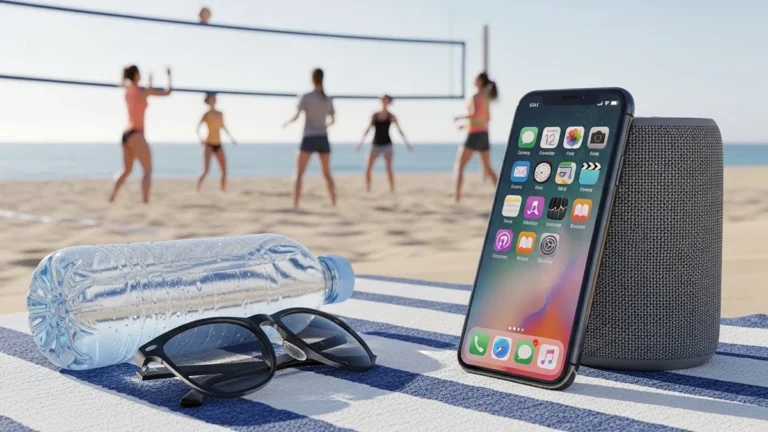 Black iPhone 16e leaning on speaker with empty left space.