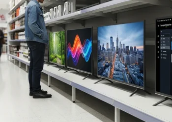 on current screens identify technical wins for integrated systems. Visual verification reveals screen variety in a regular store setting during a morning visit.