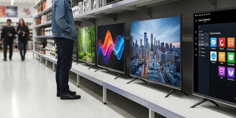 on current screens identify technical wins for integrated systems. Visual verification reveals screen variety in a regular store setting during a morning visit.