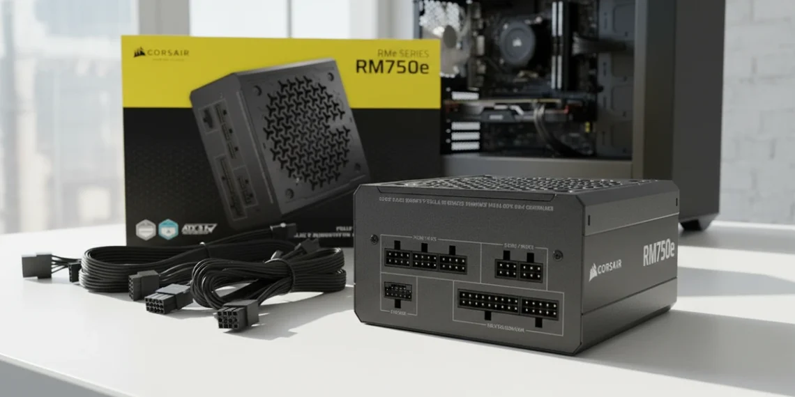 Corsair RM750e showing modular ports and yellow retail packaging.