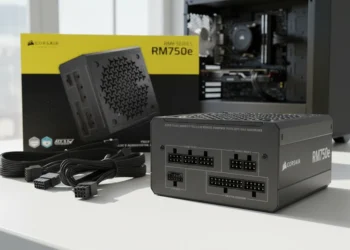 Corsair RM750e showing modular ports and yellow retail packaging.