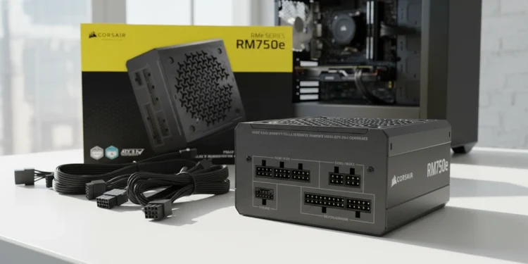 Corsair RM750e showing modular ports and yellow retail packaging.