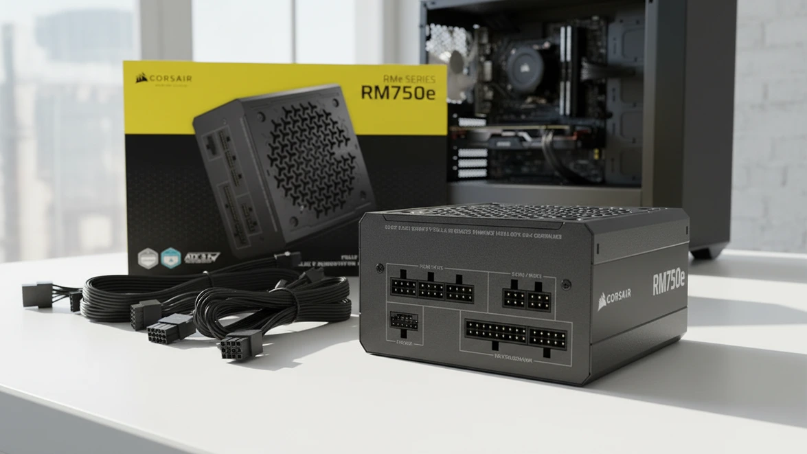 Corsair RM750e showing modular ports and yellow retail packaging.