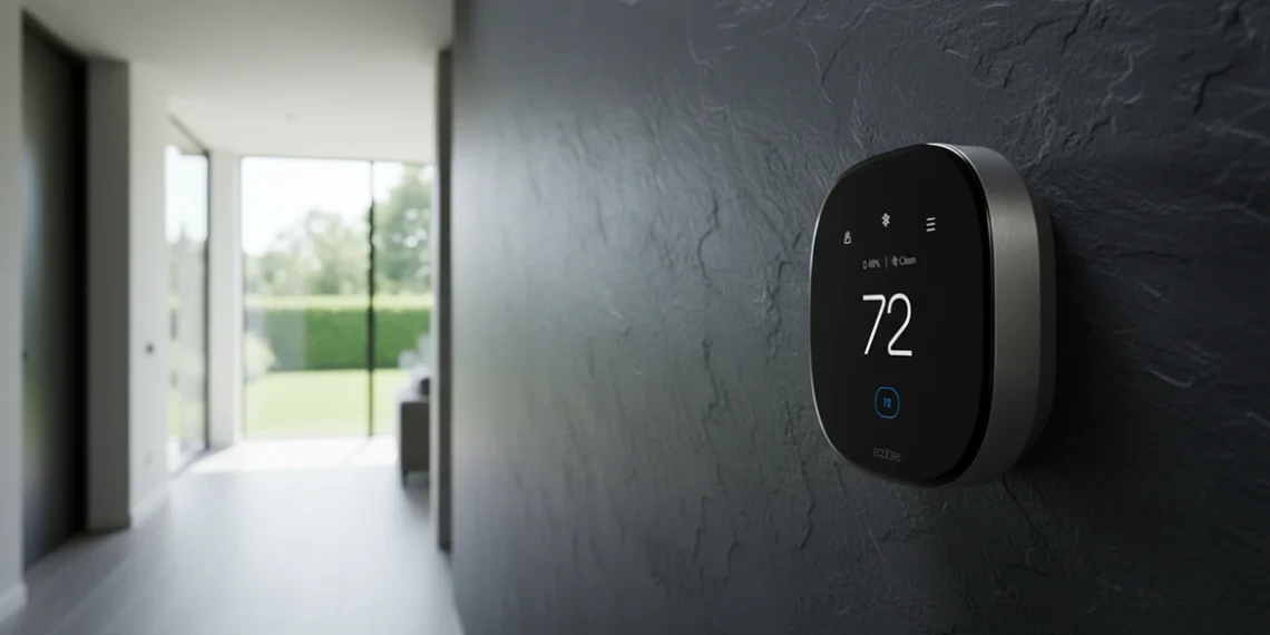 Frontal view of the Ecobee Smart Thermostat Premium showing the 72 degree temperature and air quality monitor on a slate wall.