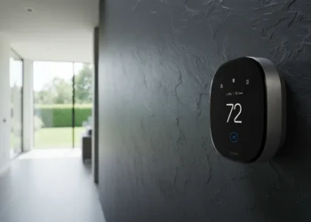 Frontal view of the Ecobee Smart Thermostat Premium showing the 72 degree temperature and air quality monitor on a slate wall.