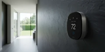 Frontal view of the Ecobee Smart Thermostat Premium showing the 72 degree temperature and air quality monitor on a slate wall.