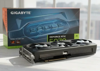 GIGABYTE RTX 5070 Eagle hardware and Eagle branded retail box on a white workbench