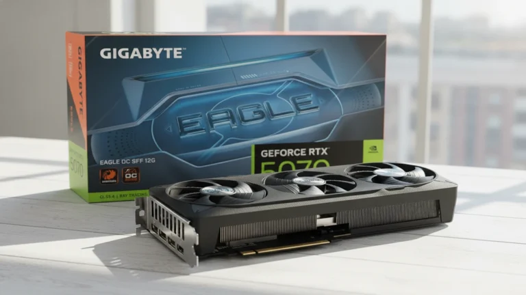 GIGABYTE RTX 5070 Eagle hardware and Eagle branded retail box on a white workbench