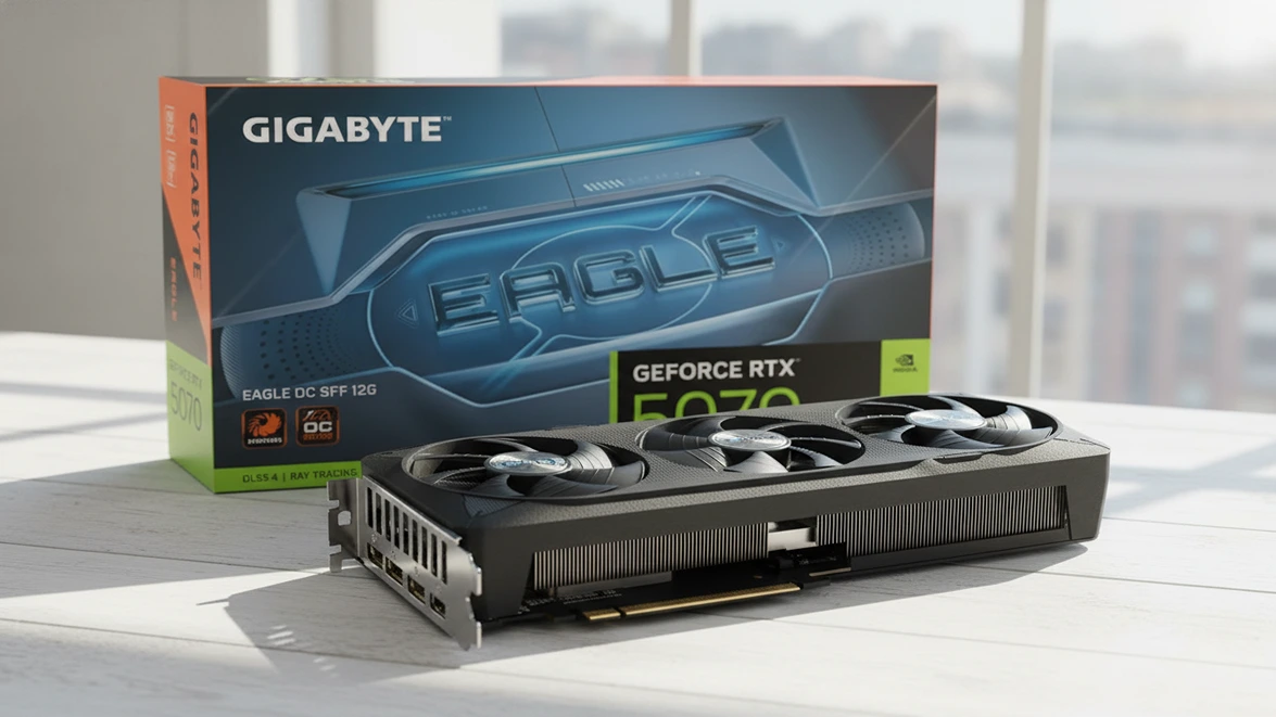 GIGABYTE RTX 5070 Eagle hardware and Eagle branded retail box on a white workbench
