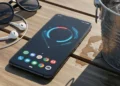 Black Google Pixel 9a laying flat showing a circular UI on the screen.