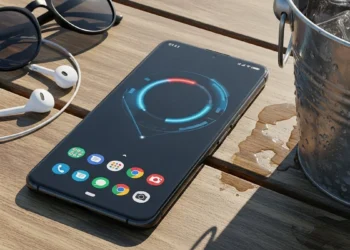 Black Google Pixel 9a laying flat showing a circular UI on the screen.