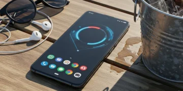 Black Google Pixel 9a laying flat showing a circular UI on the screen.