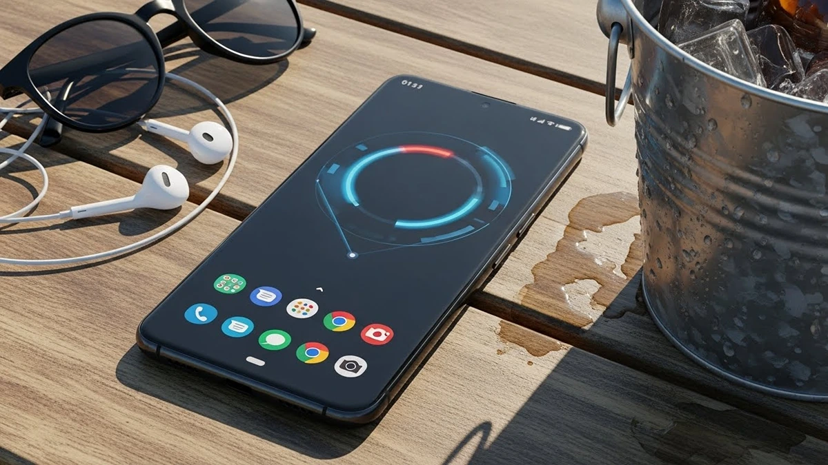 Black Google Pixel 9a laying flat showing a circular UI on the screen.