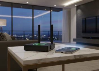 Hubitat C-8 Pro on a white marble table in a luxury modern living room with a smartphone app