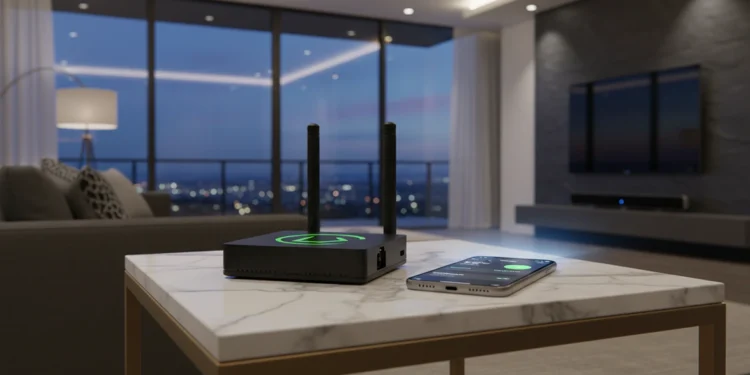 Hubitat C-8 Pro on a white marble table in a luxury modern living room with a smartphone app