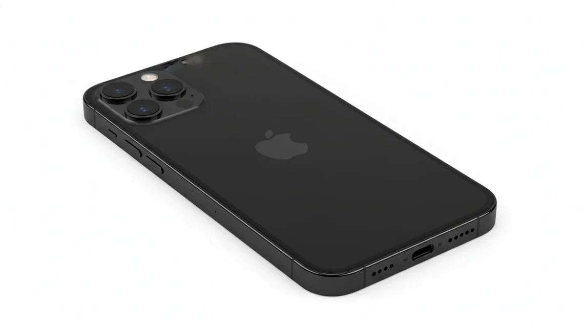 Apple iPhone 15 Pro Natural Titanium back view showing triple lens camera system and new USB-C charging port
