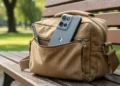 Motorola Moto G in a canvas field bag in a sunlit park.