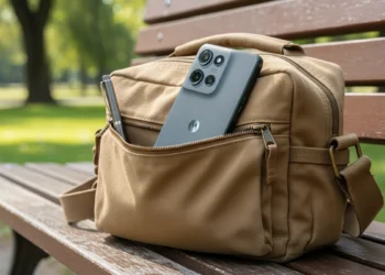 Motorola Moto G in a canvas field bag in a sunlit park.