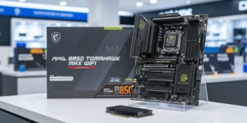 Hardware facts for the MSI MAG B850 TOMAHAWK featuring the system board retail packaging and a high speed SSD