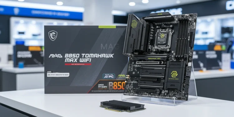 Hardware facts for the MSI MAG B850 TOMAHAWK featuring the system board retail packaging and a high speed SSD