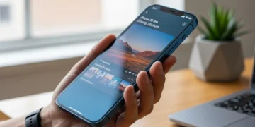 A close-up of a renewed iPhone 15 Pro in Blue Titanium, showcasing its premium titanium design and bright screen.