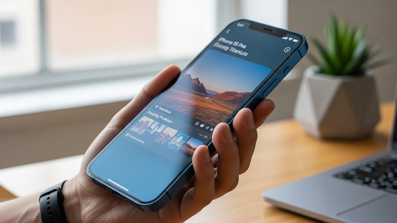 A close-up of a renewed iPhone 15 Pro in Blue Titanium, showcasing its premium titanium design and bright screen.