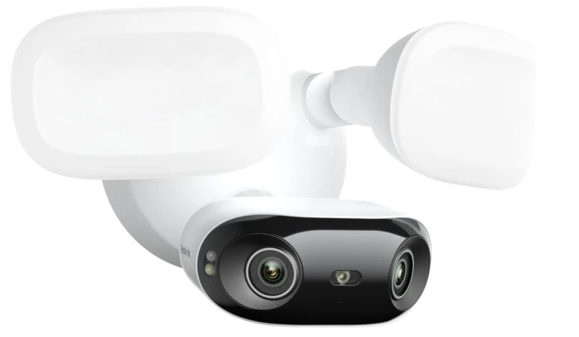 Close up of Reolink Elite Floodlight WiFi dual lens camera and floodlights