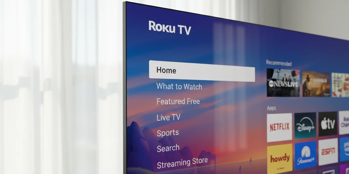 Close-up corner of a slim Roku Pro Series TV next to sheer curtains.