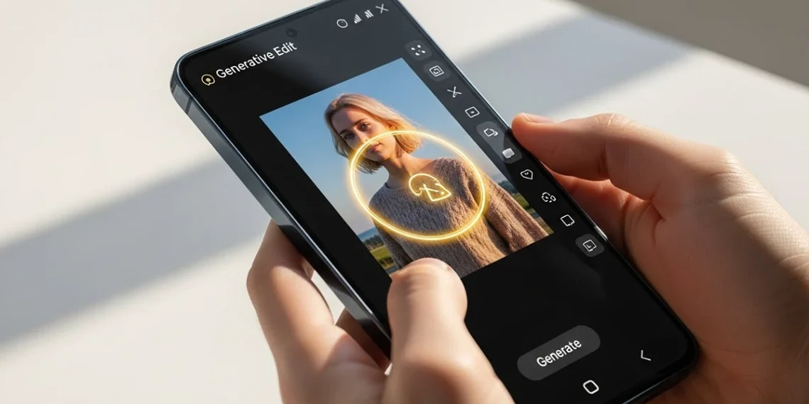 Samsung Galaxy S25 FE display showing a Generative Edit AI session.