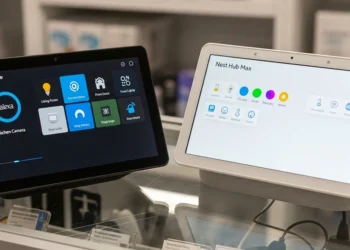 Google Nest Hub Max and Amazon Echo Show 15 displayed catacornered on a glass retail shelf