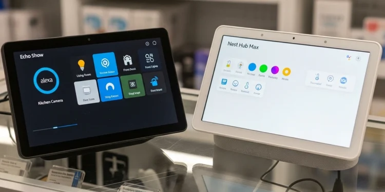 Google Nest Hub Max and Amazon Echo Show 15 displayed catacornered on a glass retail shelf