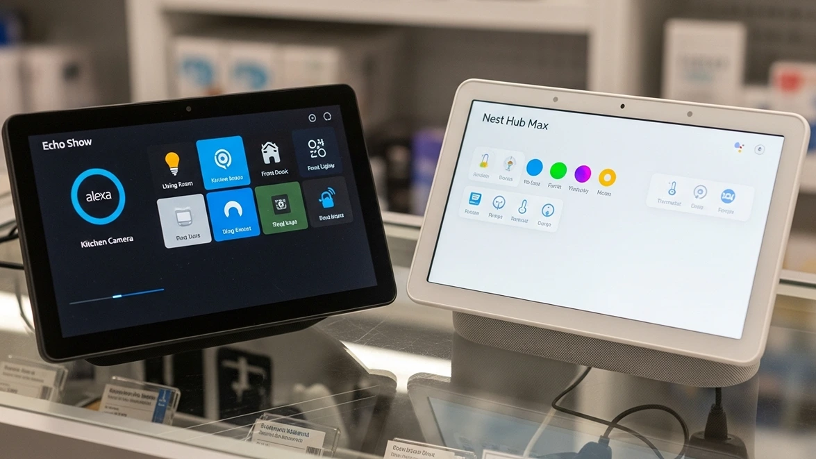 Google Nest Hub Max and Amazon Echo Show 15 displayed catacornered on a glass retail shelf
