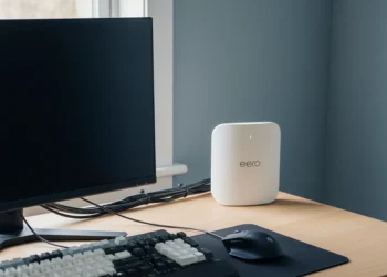Amazon eero Pro 7 hardware positioned in the rear corner of an organized home office desk with managed cables