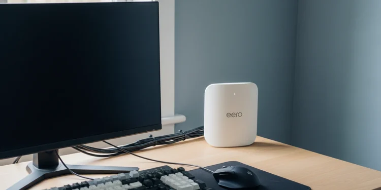 Amazon eero Pro 7 hardware positioned in the rear corner of an organized home office desk with managed cables