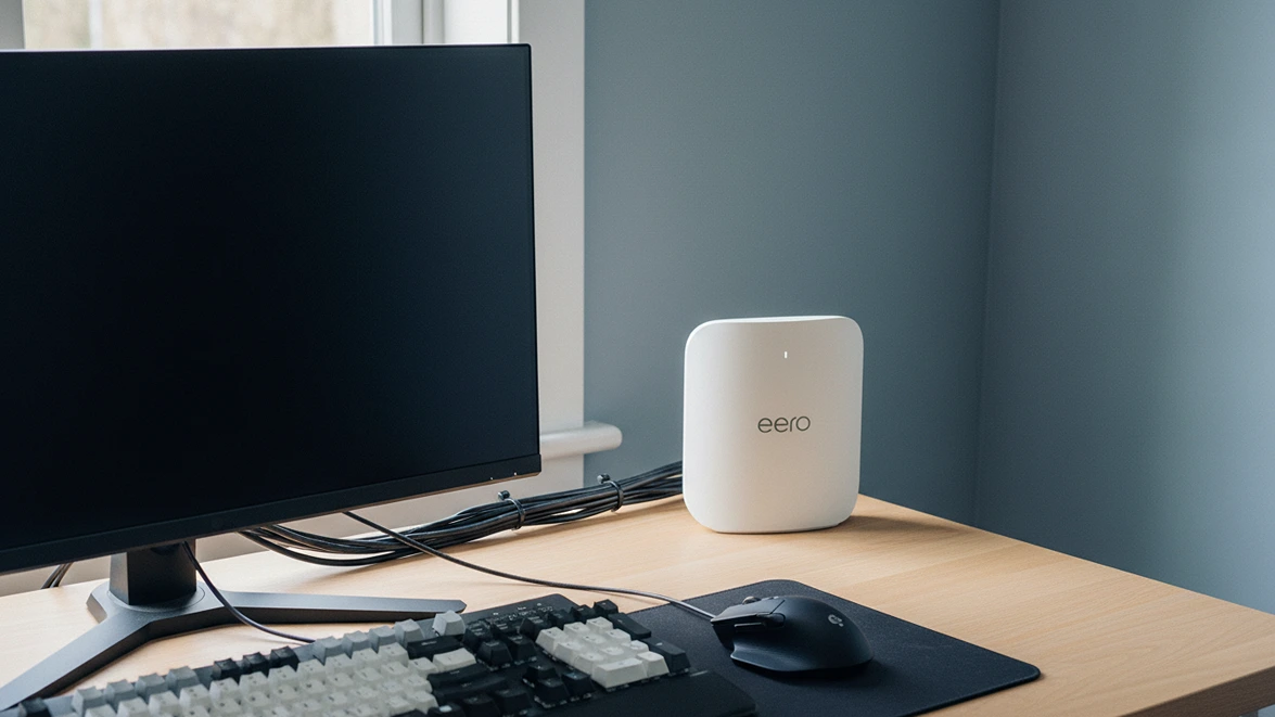 Amazon eero Pro 7 hardware positioned in the rear corner of an organized home office desk with managed cables