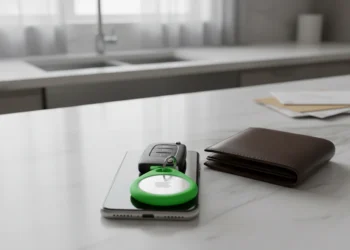 A small Apple AirTag tracker in a green circular holder attached to a car remote sitting on an iPhone and wallet on a marble counter.