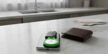 A small Apple AirTag tracker in a green circular holder attached to a car remote sitting on an iPhone and wallet on a marble counter.