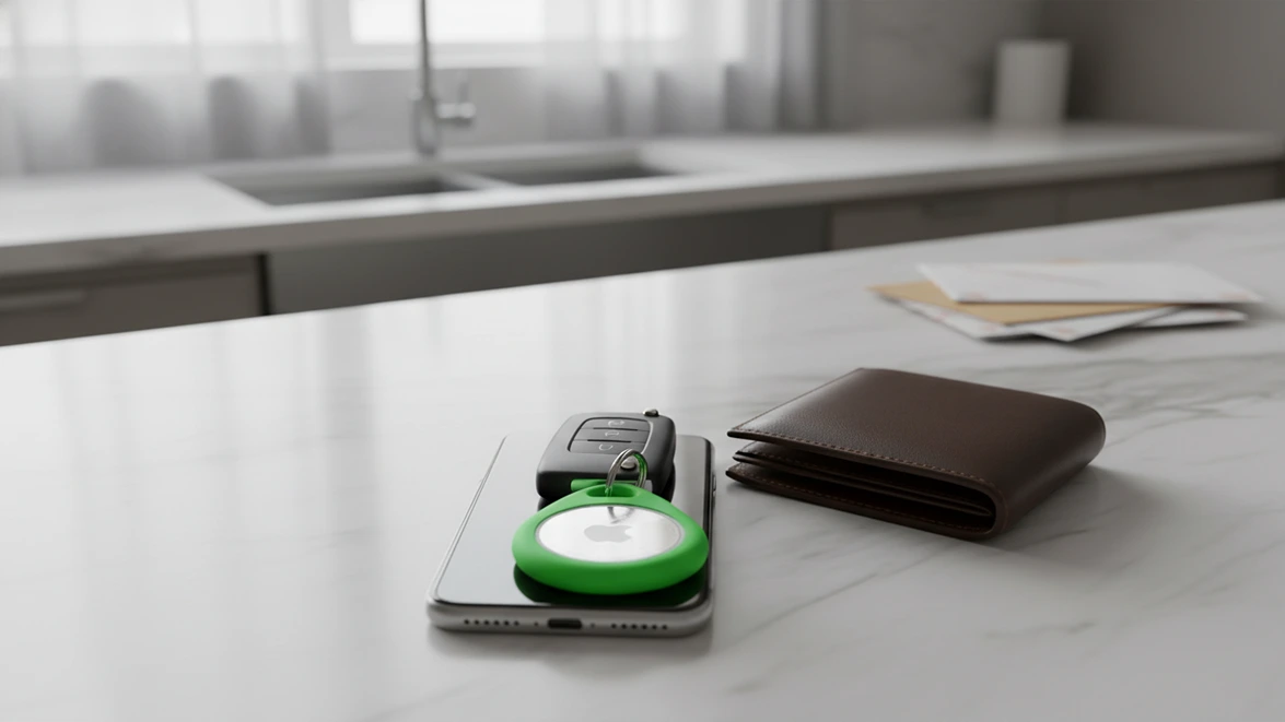 A small Apple AirTag tracker in a green circular holder attached to a car remote sitting on an iPhone and wallet on a marble counter.
