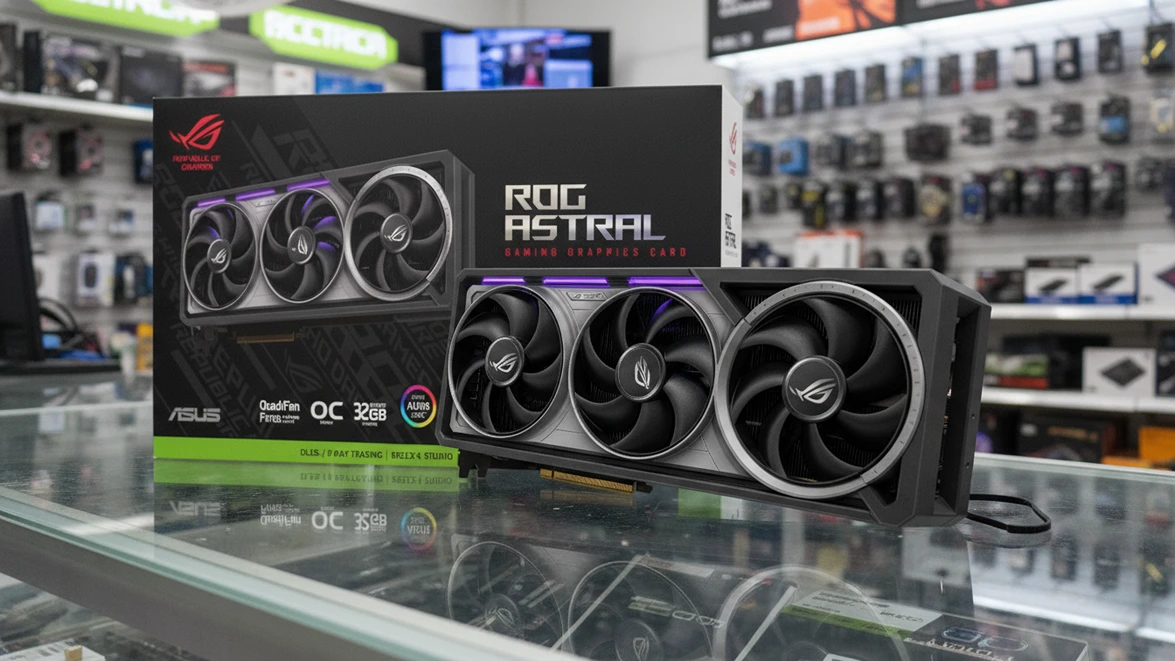 ASUS ROG Astral GeForce RTX 5090 graphics card and retail box displayed on a glass counter in a hardware store.