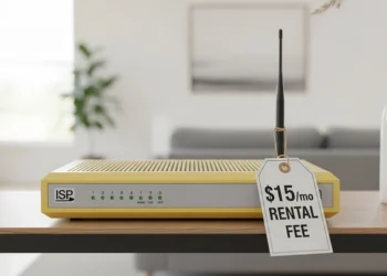 Yellow ISP internet router on a wood desk with a white price tag showing a 15 dollar monthly rental fee