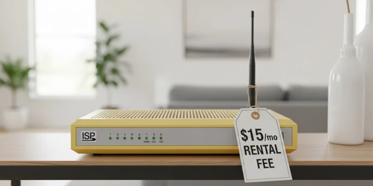 Yellow ISP internet router on a wood desk with a white price tag showing a 15 dollar monthly rental fee