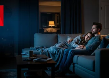 Couple snuggling on sofa watching Netflix sci-fi thrillers The Platform Oxygen and Annihilation at night with red N logo overlay