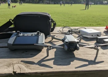 DJI Mini 3 drone and Fly More kit accessories laid out on a weathered wooden picnic table at a sunny neighborhood park with blurred people playing frisbee in the background.