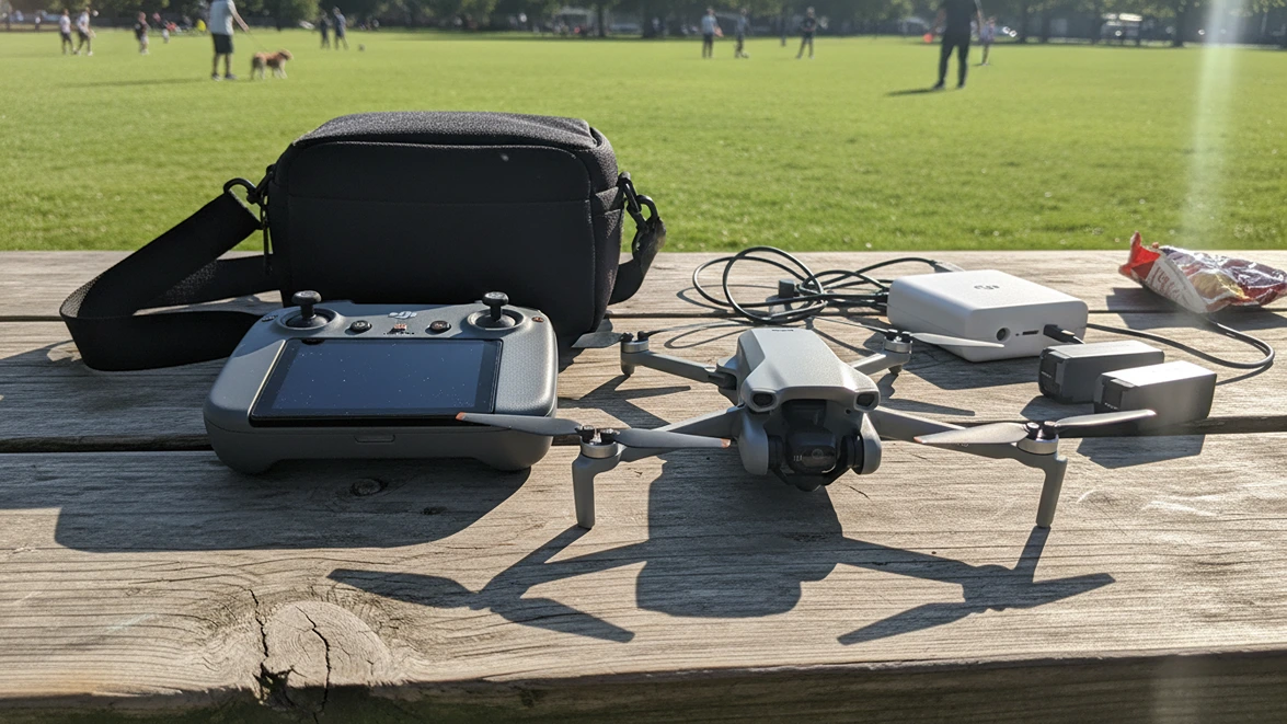 DJI Mini 3 drone and Fly More kit accessories laid out on a weathered wooden picnic table at a sunny neighborhood park with blurred people playing frisbee in the background.