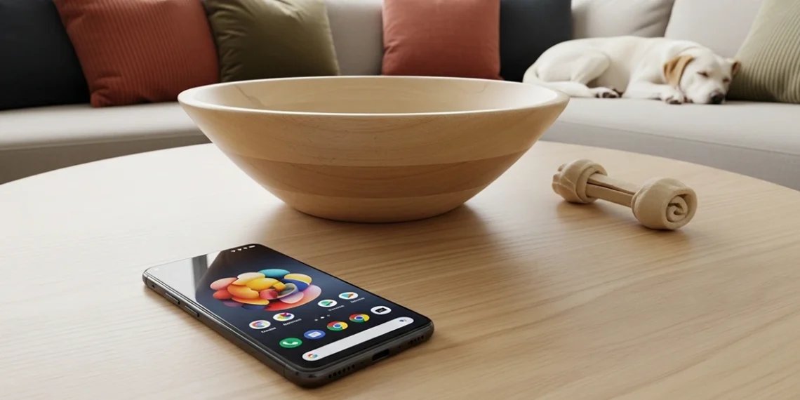 High angle close up of Google Pixel 10 Pro in Obsidian on a light wood coffee table next to a decorative bowl with a sleeping dog on a sofa in the background.