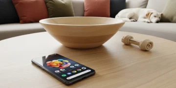 High angle close up of Google Pixel 10 Pro in Obsidian on a light wood coffee table next to a decorative bowl with a sleeping dog on a sofa in the background.