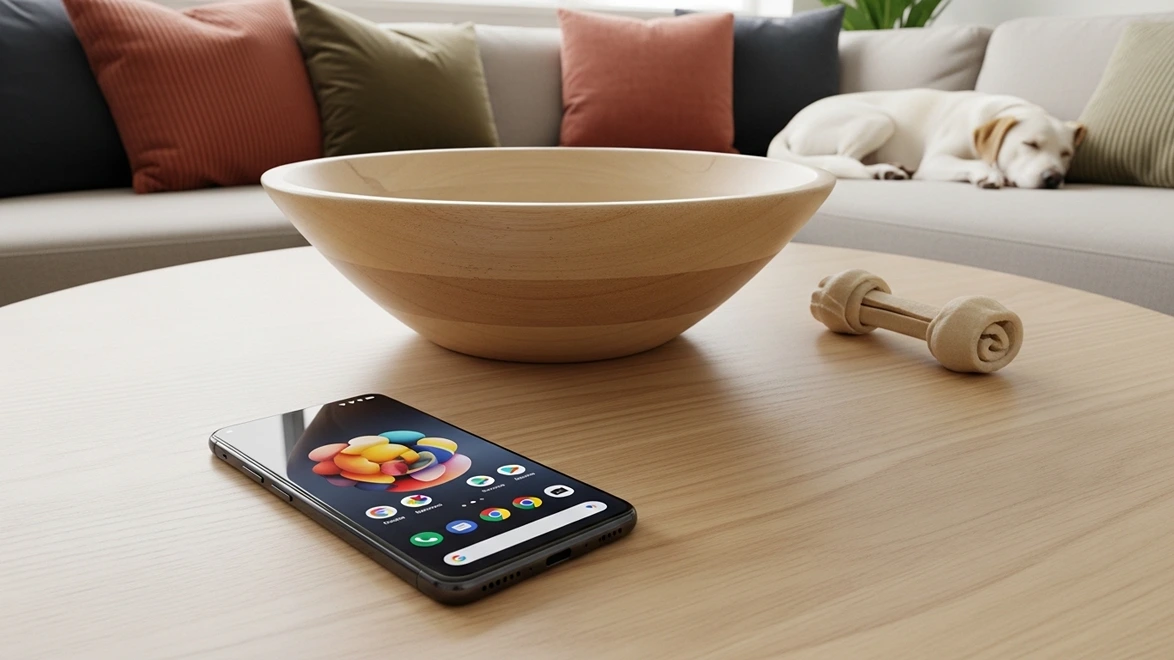 High angle close up of Google Pixel 10 Pro in Obsidian on a light wood coffee table next to a decorative bowl with a sleeping dog on a sofa in the background.